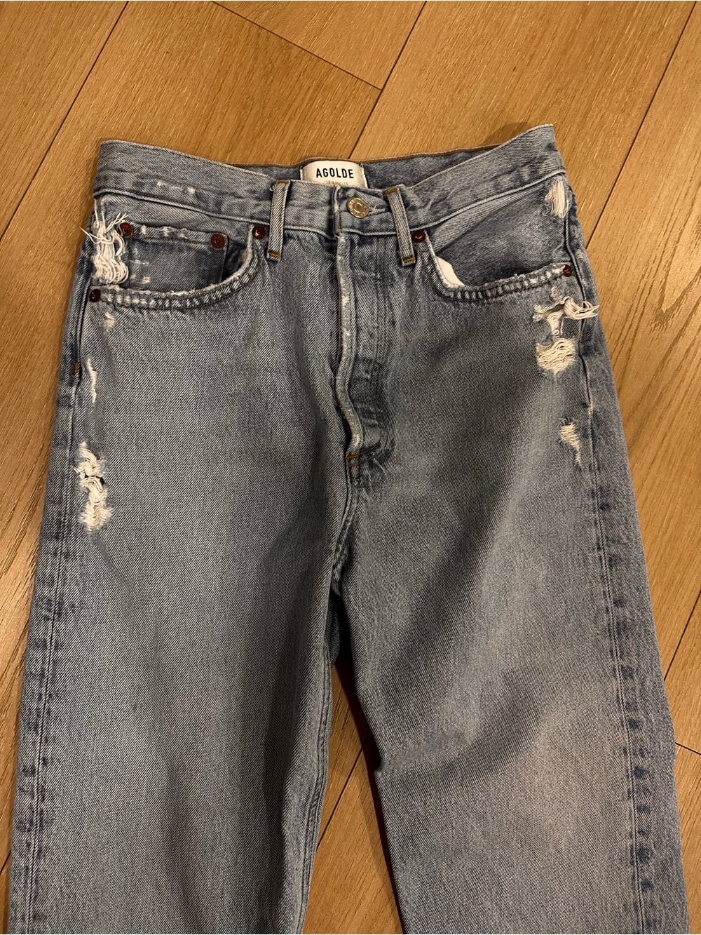AGOLDE 90’s Crop Distressed High Rise button fly Jeans Size 25 Light Wash - Picture 2 of 7